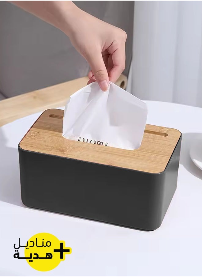 Generic Simple Rectangle Tissue Box with Wooden Bamboo Lid, Gift Tissue Box, Dryer Paper Holder Dispenser for Bathroom Dressing Table Living Room Kitchen Black Color Tissue Box Holder  - Image 1