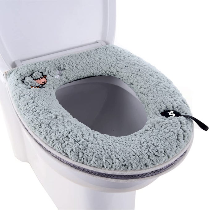 WARM PLUSH WASHABLE THICKEN TOILET SEAT COVER PADS MAT WITH HANDLE AND ZIPPER GRAY