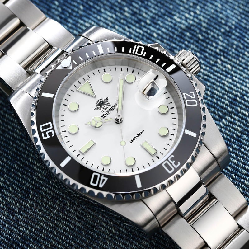 ADDIESDIVE Quartz Dive Watches for Men Water Resistant 200 M Mens Wrist Watch Luminous White Dial Analog Stainless Steel - Image 3