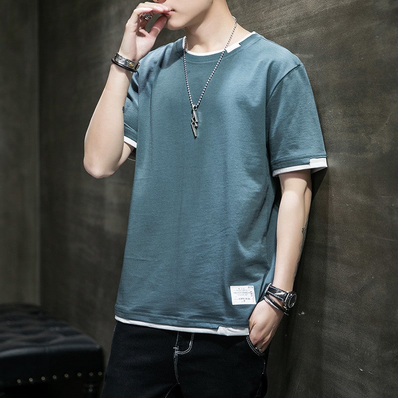 1 x 5 pcs Mens Cotton T-Shirt Short Sleeve round Neck Summer Fashionable Youth Casual Basic Fit Polyester Fiber Solid Color Printed Denim Blue 