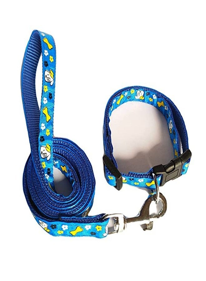 Pups&Pets طوق نايلون مطبوع قابل للتعديل من Pups&Pets مع مقود 15 مم - تصميم سريع الفتح وجيد التهوية، طوق لطيف مزود بمشبك سهل الاستخدام وجرس للكلاب والقطط الصغيرة - أزرق - Image 1