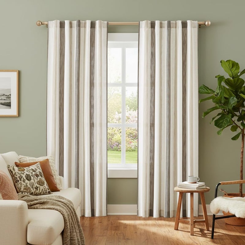 Jubilantex Linen Stripe Curtains 84 Inches Long Tan Charcoal Farmhouse Window Curtain Panels Light Filtering Room Darkening Printed Drapes for Bedroom, Rod Pocket Back Tab, 2 Panels - Image 2