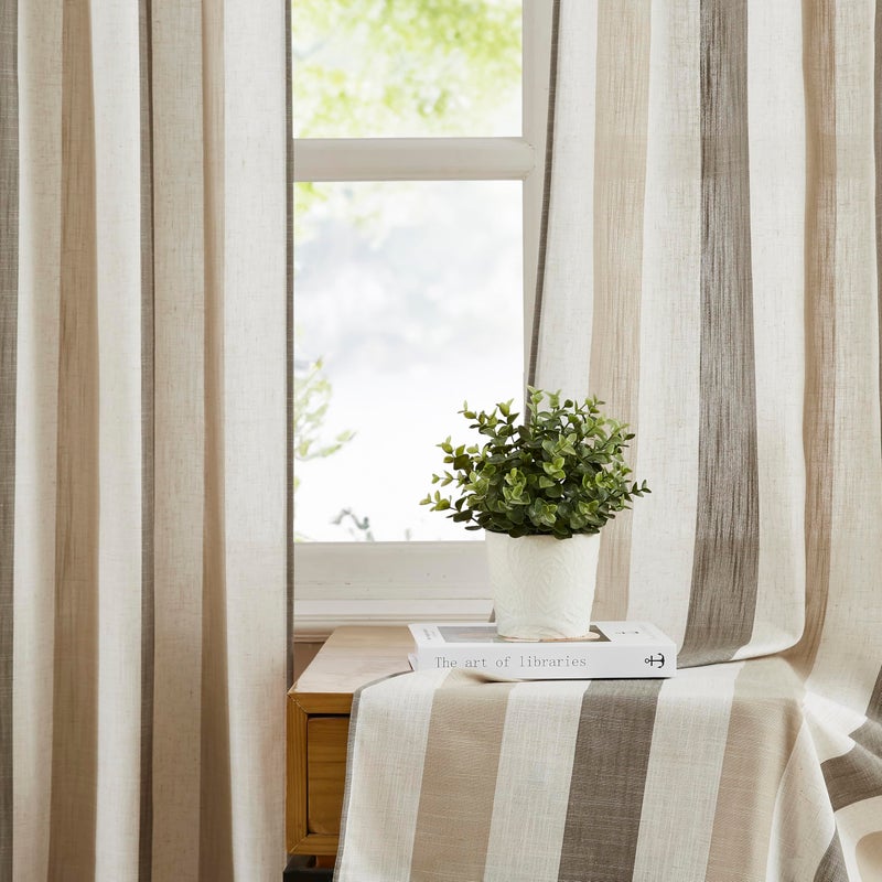 Jubilantex Linen Stripe Curtains 84 Inches Long Tan Charcoal Farmhouse Window Curtain Panels Light Filtering Room Darkening Printed Drapes for Bedroom, Rod Pocket Back Tab, 2 Panels - Image 1