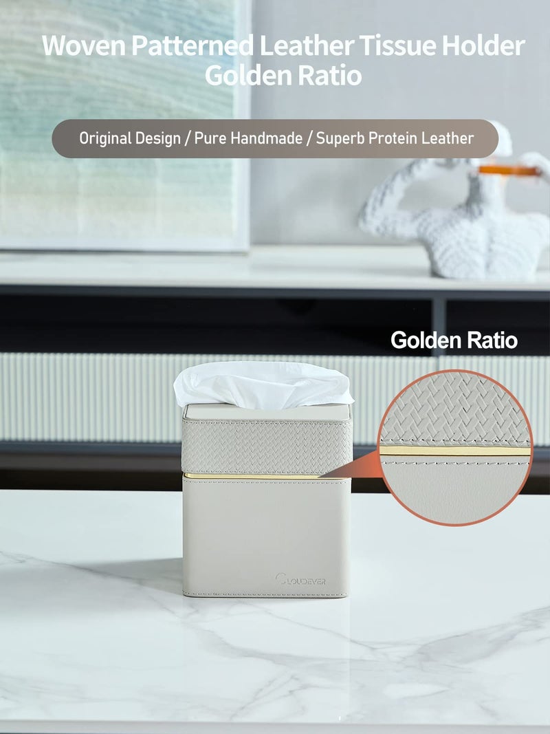 Cloudever Tissue Box Holder Cover Square, Modern PU Leather Decorative Tissue Cube Holder Organizer - Woven Pattern Grey - Image 2
