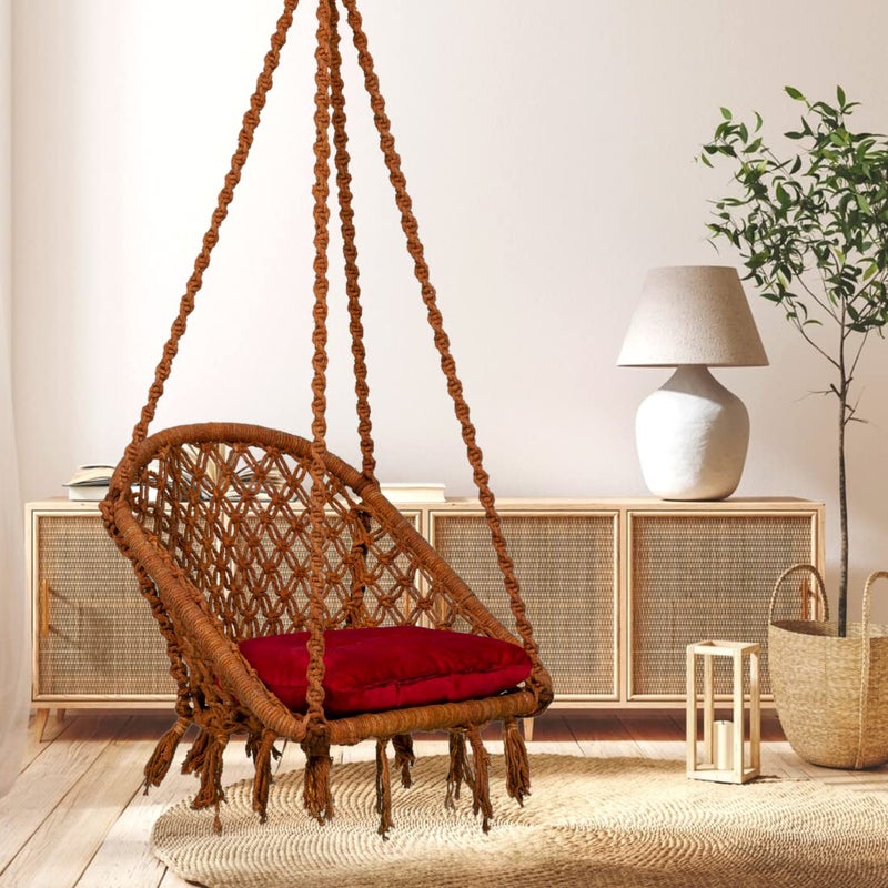 Patiofy D Shape Wooden Swing for Adults Kids Balcony Garden Cotton Brown 40 Cm Includes Hanging Kit Red Cushion