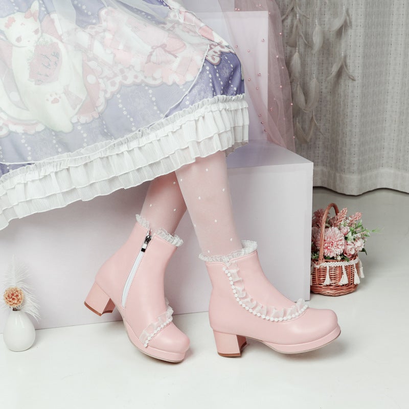 Mid-Heel Thick-Soled Lace-Edged 28-48 Plus Size Pearl-Edged Lolita Low Boots - Image 3