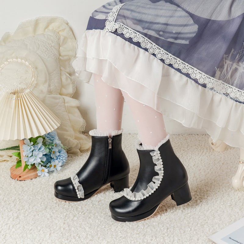 Mid-Heel Thick-Soled Lace-Edged 28-48 Plus Size Pearl-Edged Lolita Low Boots - Image 2