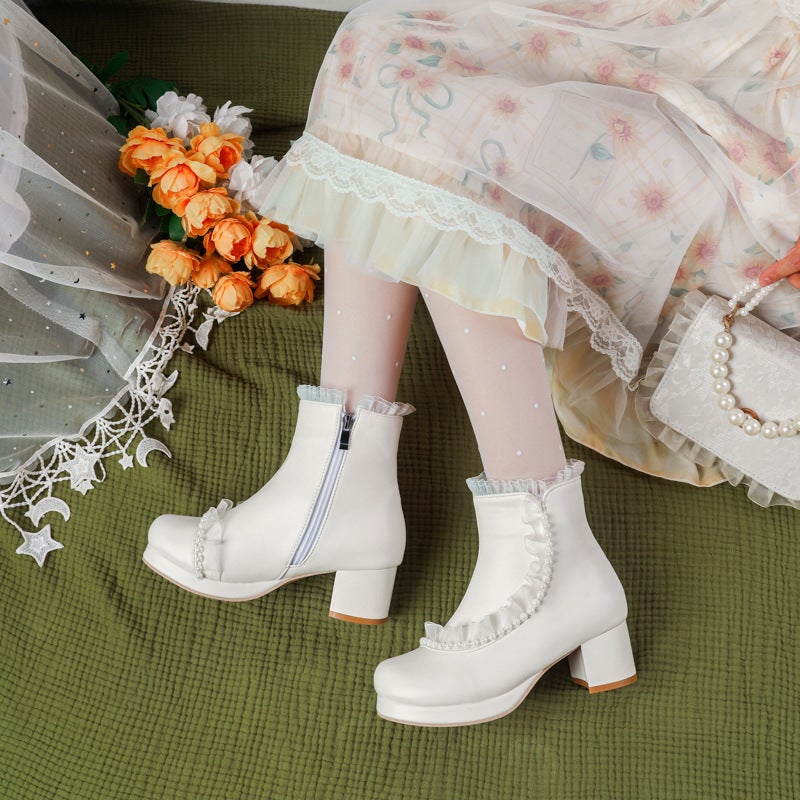 Mid-Heel Thick-Soled Lace-Edged 28-48 Plus Size Pearl-Edged Lolita Low Boots - Image 4