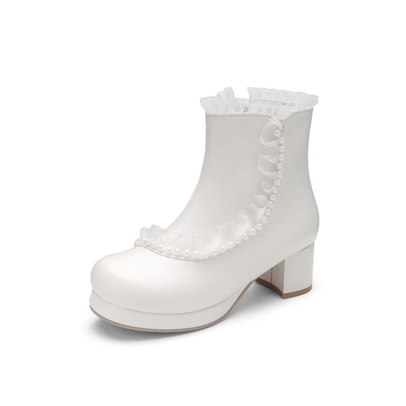 Mid-Heel Thick-Soled Lace-Edged 28-48 Plus Size Pearl-Edged Lolita Low Boots - Image 1