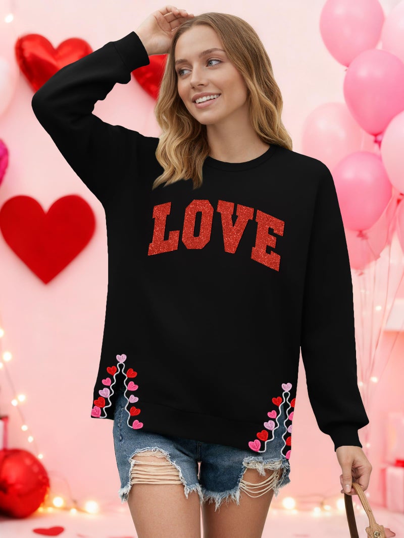 PECHAR Valentine Sweatshirts Women Love Valentines Shirts Embroidered Crewneck Long Sleeve Tops With Side Heart Applique - Image 3