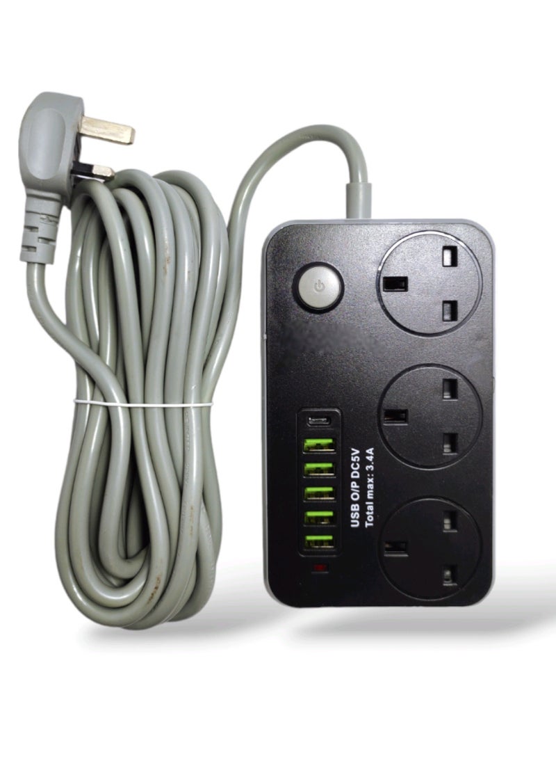 5M Extension Cord With 6 USB Outlets 3AC Outlets With Safety Switch 2500W - Image 2
