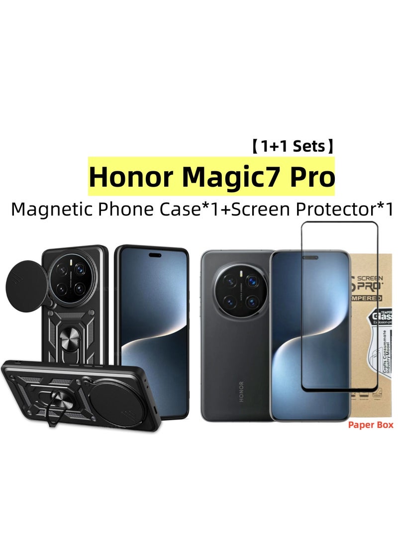 [1+1 مجموعات] غلاف هاتف Honor Magic7 Pro وواقي شاشة مع غطاء كاميرا منزلق مع حامل سيارة مغناطيسي وواقي شاشة زجاجي مقسى - Image 1