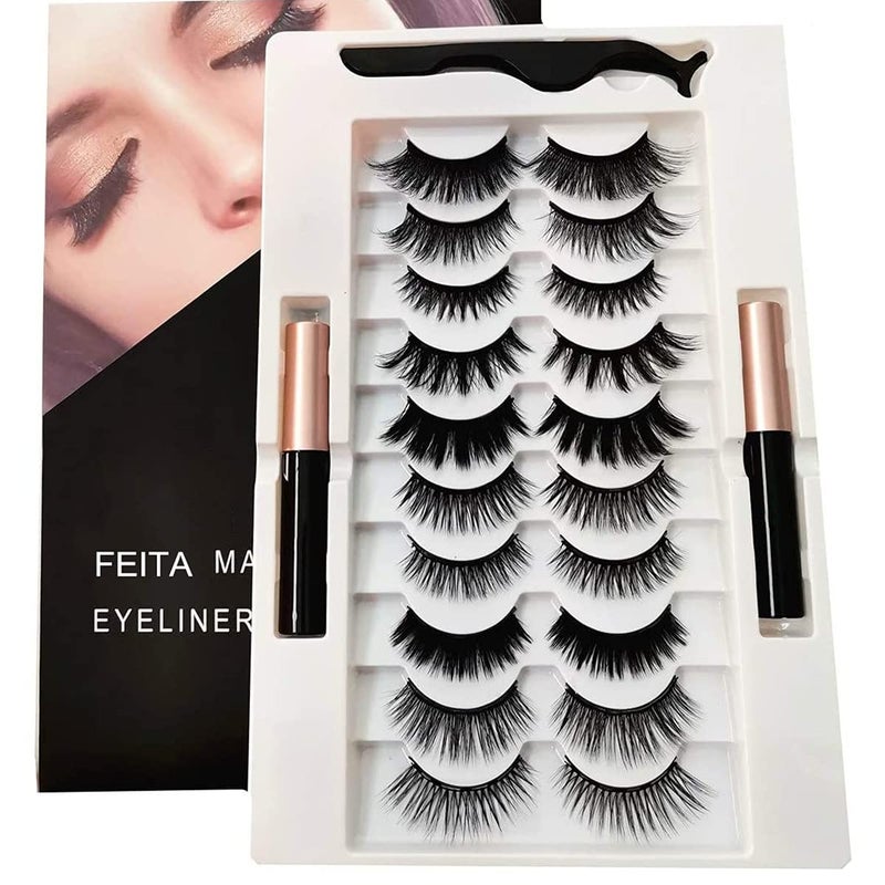FEITA Upgraded Magnetic Eyelashes Kit with Eyeliner - 10 Pairs Magnetic False Lashes Natural Look with Applicator, 2 Tubes Magnetic Eyeliner - Easy to Apply & No Glue Needed - Image 1