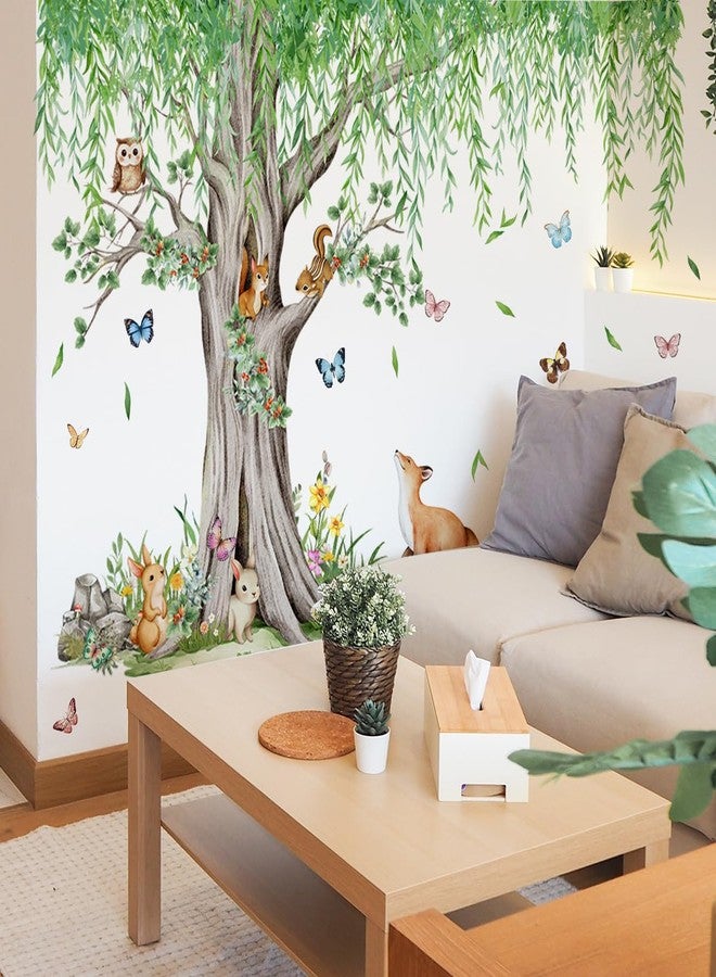 Mirabuy Large Pendulous Tree Woodland Forest Wall Decals, Hanging Green Tree with Animals Birds Wall Stickers for Nursery Kids Room Wall Decor, 74.8x42.5 inch - Image 3