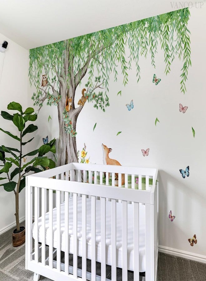Mirabuy Large Pendulous Tree Woodland Forest Wall Decals, Hanging Green Tree with Animals Birds Wall Stickers for Nursery Kids Room Wall Decor, 74.8x42.5 inch - Image 5