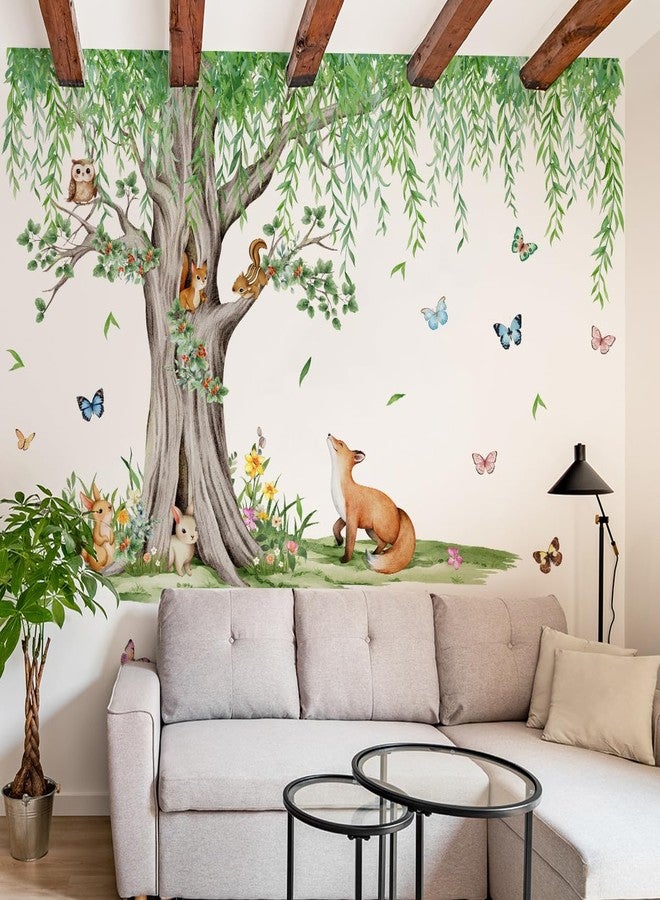 Mirabuy Large Pendulous Tree Woodland Forest Wall Decals, Hanging Green Tree with Animals Birds Wall Stickers for Nursery Kids Room Wall Decor, 74.8x42.5 inch - Image 1