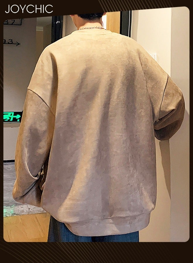 Joychic Spring and Autumn Trendy Printing Long Sleeve Pullover Hoodie Suede Round Neck Warm Sweatshirt for Men Coffee - Image 2