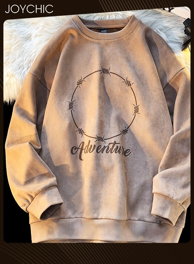 Joychic Spring and Autumn Trendy Printing Long Sleeve Pullover Hoodie Suede Round Neck Warm Sweatshirt for Men Coffee - Image 3