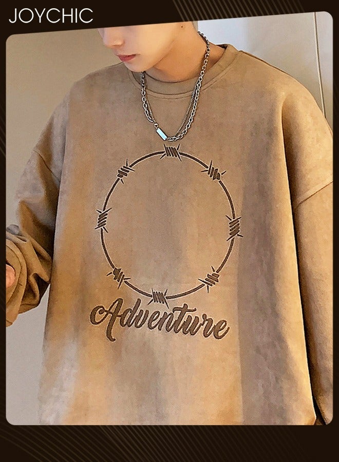 Joychic Spring and Autumn Trendy Printing Long Sleeve Pullover Hoodie Suede Round Neck Warm Sweatshirt for Men Coffee - Image 1