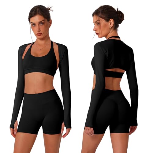 ABOCIW Workout Sets for Women 3 Piece Seamless Halter Sports Bra Scrunch Butt Lifting High Waist Biker Shorts Long Sleeve Bolero Shrug Gym Sets Yoga Pilates Outfits Black Small - Image 1