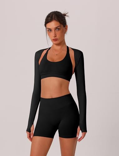 ABOCIW Workout Sets for Women 3 Piece Seamless Halter Sports Bra Scrunch Butt Lifting High Waist Biker Shorts Long Sleeve Bolero Shrug Gym Sets Yoga Pilates Outfits Black Small - Image 3