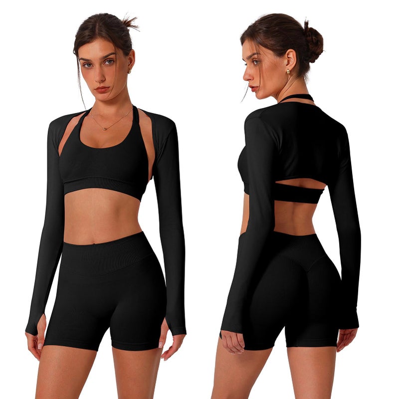 ABOCIW Workout Sets for Women 3 Piece Seamless Halter Sports Bra Scrunch Butt Lifting High Waist Biker Shorts Long Sleeve Bolero Shrug Gym Sets Yoga Pilates Outfits Black Small - Image 2