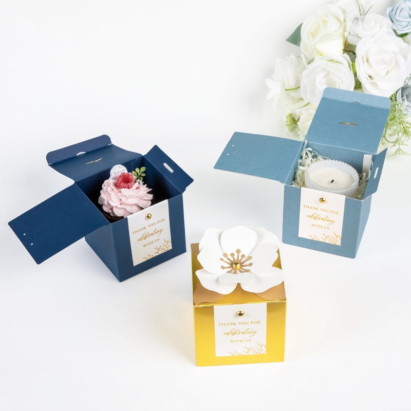 Feiyi 20 Pcs Dusty Blue Gift Boxes  3 In 1 Favor Boxes With Floral Decor  White Thank You Tags Cupcake Containers Gift Wrapping For Wedding  Baby Shower  Birthday  Decorations Party - 3.55X3.55X3.55 - Image 5