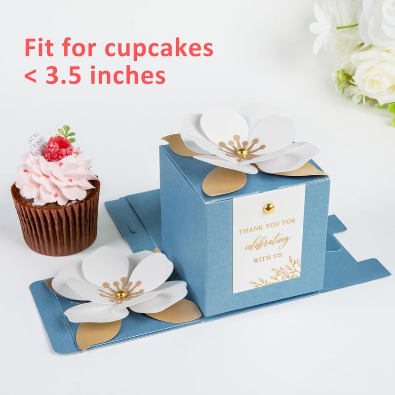 Feiyi 20 Pcs Dusty Blue Gift Boxes  3 In 1 Favor Boxes With Floral Decor  White Thank You Tags Cupcake Containers Gift Wrapping For Wedding  Baby Shower  Birthday  Decorations Party - 3.55X3.55X3.55 - Image 4