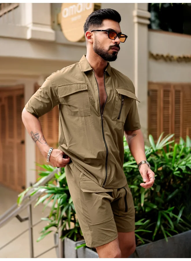 مانياك طقم رجالي جاكيت وشورت كاكي بسحاب أمامي نايلون مقاس واسع