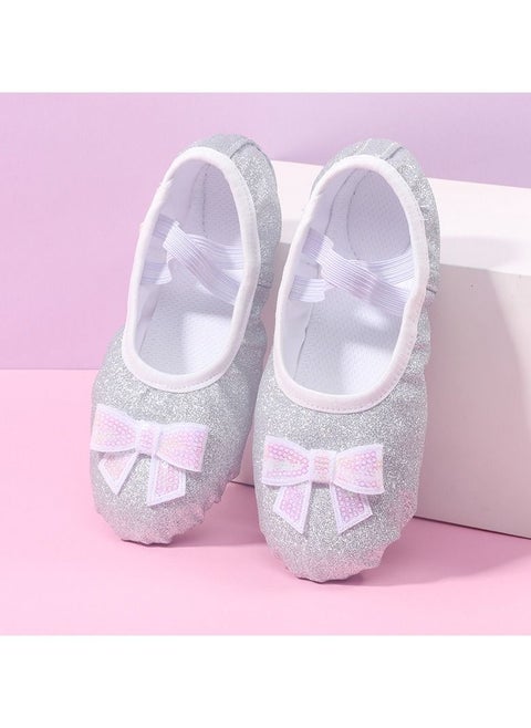 Girls Shoes Soft Bottom Practice Ballet with Lace Bow Shoes  Sparkling Silver Butterfly