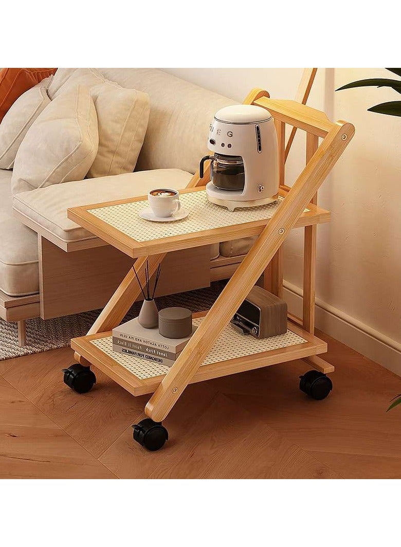 LINGWEI Bamboo Serving Cart 2 and 3 Tier Wooden Kitchen Trolley Foldable Bar Cart with Castors, Food Serving and Storage Organizer for Hotel, Restaurant, Home Use - Image 3