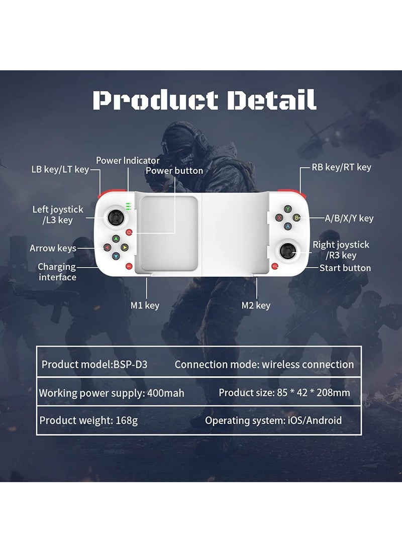 Mobile Game Controller, Low Latency Phone Game Gamepad with M1/M2 Programmable Button, Game Handle Joystick for Samsung, Iphone, Huawei, Pixel, Direct Play (White)