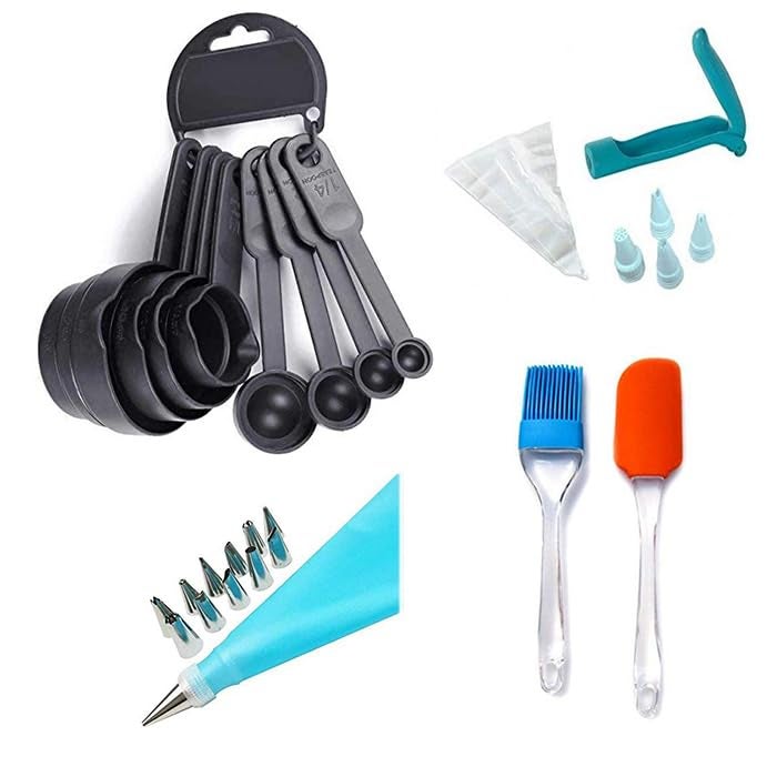 R Dabhi Cake Making Tools Set 4 Tools for Cake Decorating Ez Cake Decoration Pen 8pc Measuring Spoon and Cup 12 Pc Cake Decorating Tips and Piping Bag Silicone Spatula and Oil Brush - Image 1