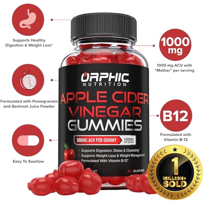 ORPHIC NUTRITION Apple Cider Vinegar Gummies - 1000mg - ACV Weight Loss Gummies - Supports Digestion, Detox & Cleansing - VIT B12, Beetroot - Gomitas de Vinagre de Manzana (120 pcs) - Image 2
