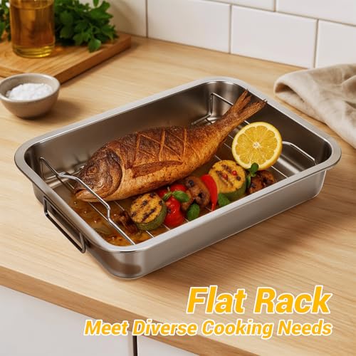 Tifanso Stainless Steel Roasting Pan - Heavy Duty Turkey Roasting Baking Broiler Oven Pan with Rack and Handle for Oven, High Sided Easy to Clean Induction Roast Tray for Chicken, Vegetable, Lasagna - Image 4