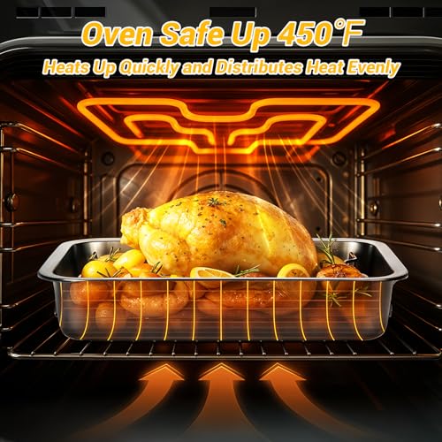 Tifanso Stainless Steel Roasting Pan - Heavy Duty Turkey Roasting Baking Broiler Oven Pan with Rack and Handle for Oven, High Sided Easy to Clean Induction Roast Tray for Chicken, Vegetable, Lasagna - Image 3