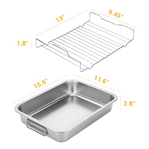 Tifanso Stainless Steel Roasting Pan - Heavy Duty Turkey Roasting Baking Broiler Oven Pan with Rack and Handle for Oven, High Sided Easy to Clean Induction Roast Tray for Chicken, Vegetable, Lasagna - Image 2