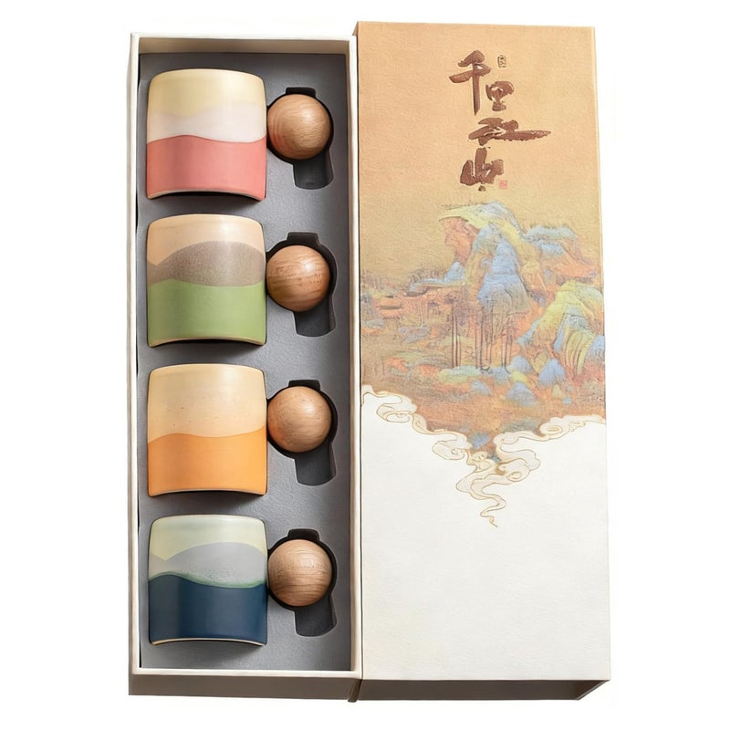 ZPGXLRZ 2.4oz Ceramic Espresso Cups Set of 4, Small Coffee Cups with Wooden Handle, Gradient Color Demitasse Cups, Ceramic Tea Cups Gift Box Packaging (Round Handle) - Image 1