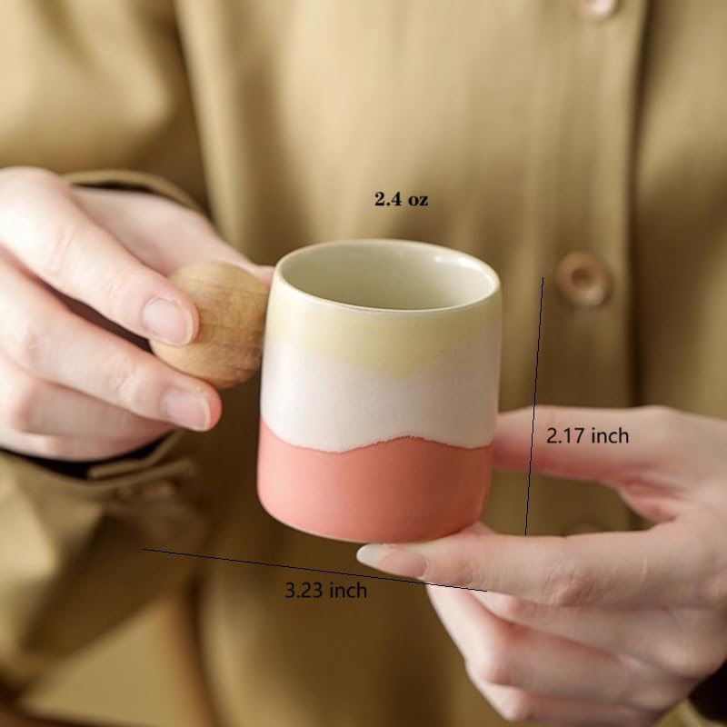 ZPGXLRZ 2.4oz Ceramic Espresso Cups Set of 4, Small Coffee Cups with Wooden Handle, Gradient Color Demitasse Cups, Ceramic Tea Cups Gift Box Packaging (Round Handle) - Image 5