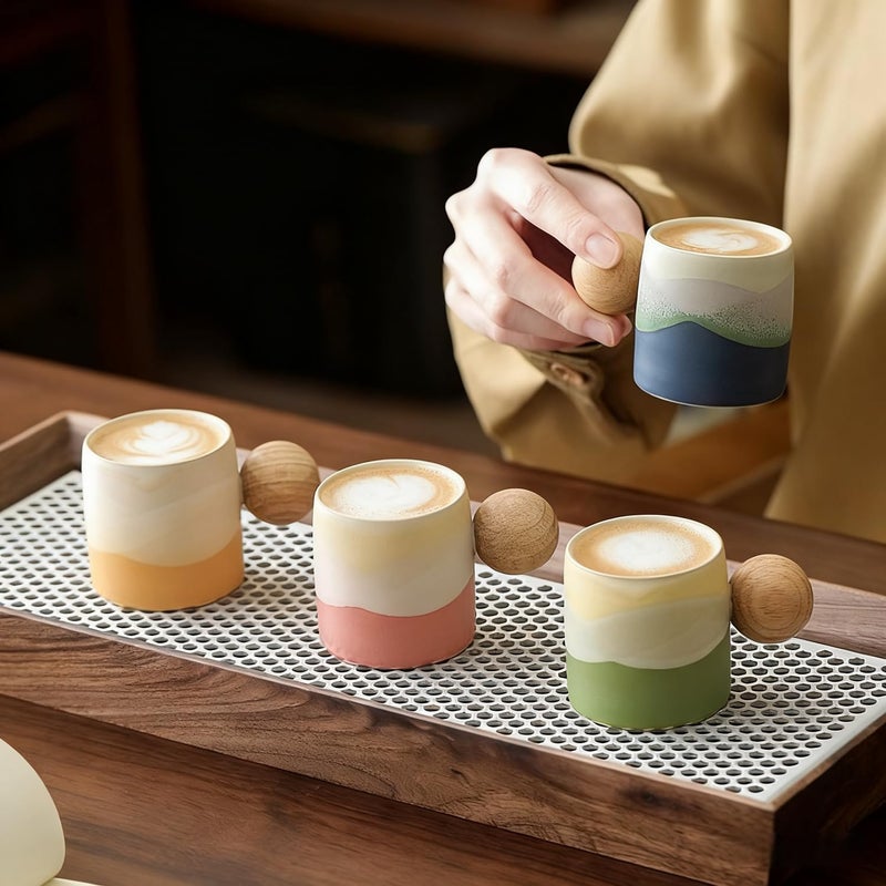 ZPGXLRZ 2.4oz Ceramic Espresso Cups Set of 4, Small Coffee Cups with Wooden Handle, Gradient Color Demitasse Cups, Ceramic Tea Cups Gift Box Packaging (Round Handle) - Image 2