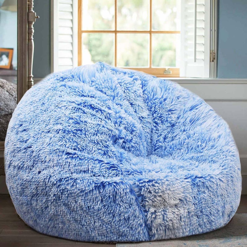 Kisoy Fluffy Stuffed Animal Storage Bean Bag Chair Cover (No Filler), Faux Fur Comfy Bean Bag Cover for Organizing Plush Toys or Textile, for Adults Teens Kids Girls, Blue - Image 1