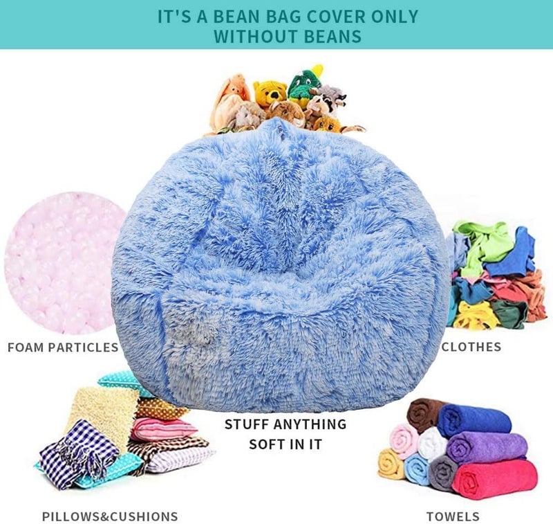 Kisoy Fluffy Stuffed Animal Storage Bean Bag Chair Cover (No Filler), Faux Fur Comfy Bean Bag Cover for Organizing Plush Toys or Textile, for Adults Teens Kids Girls, Blue - Image 3