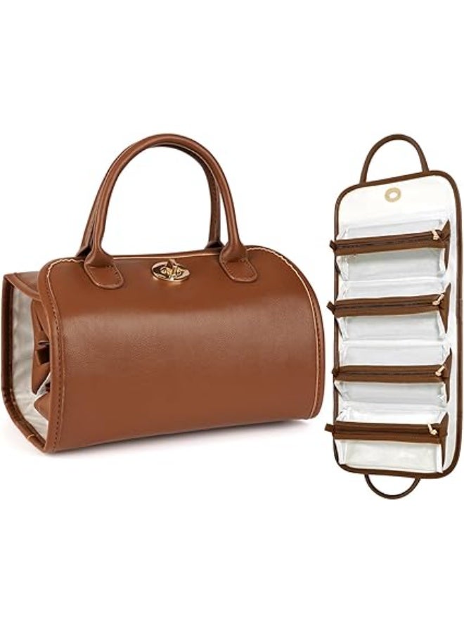 4-in-1 Leather Waterproof Makeup Bag, Portable Travel Toiletry Organizer, Roll-Up Hanging Storage with 4 Detachable Transparent Pouches, Large Capacity for Cosmetics, Hair Tools (Brown) - Image 1