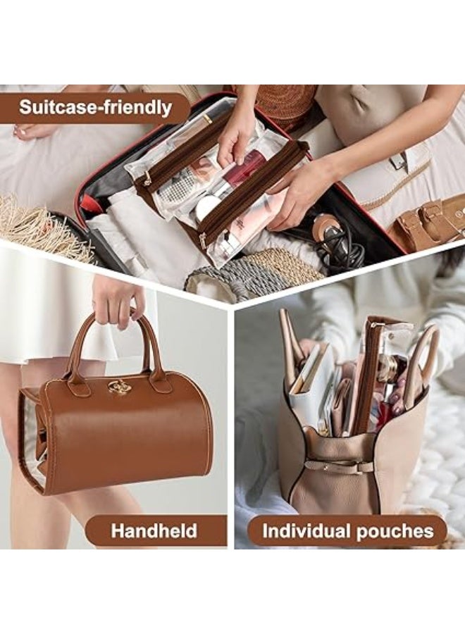 4-in-1 Leather Waterproof Makeup Bag, Portable Travel Toiletry Organizer, Roll-Up Hanging Storage with 4 Detachable Transparent Pouches, Large Capacity for Cosmetics, Hair Tools (Brown) - Image 5