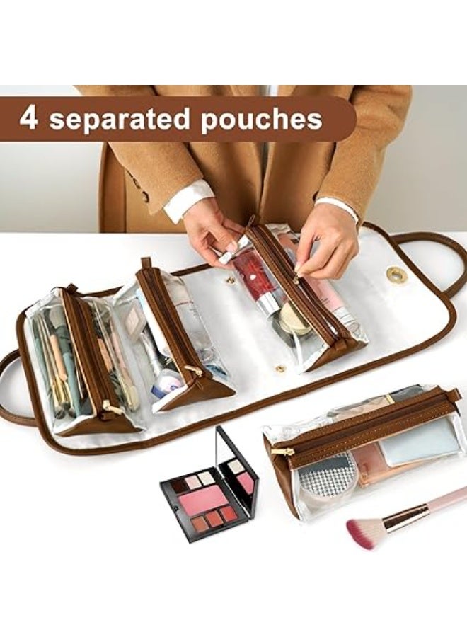 4-in-1 Leather Waterproof Makeup Bag, Portable Travel Toiletry Organizer, Roll-Up Hanging Storage with 4 Detachable Transparent Pouches, Large Capacity for Cosmetics, Hair Tools (Brown) - Image 3