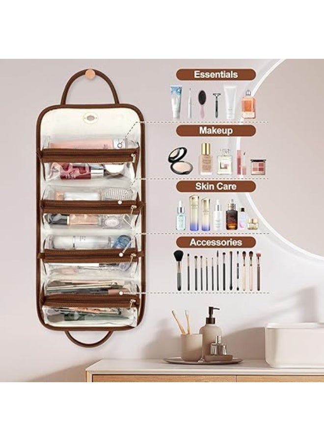 4-in-1 Leather Waterproof Makeup Bag, Portable Travel Toiletry Organizer, Roll-Up Hanging Storage with 4 Detachable Transparent Pouches, Large Capacity for Cosmetics, Hair Tools (Brown) - Image 4