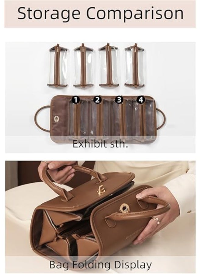 4-in-1 Leather Waterproof Makeup Bag, Portable Travel Toiletry Organizer, Roll-Up Hanging Storage with 4 Detachable Transparent Pouches, Large Capacity for Cosmetics, Hair Tools (Brown) - Image 2