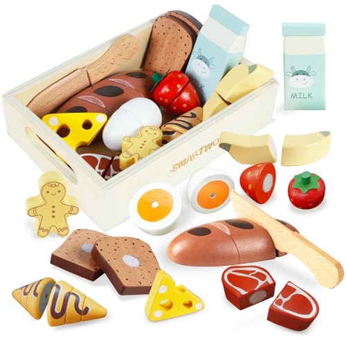 Smartwo Wooden Play Food Sets for Kids Kitchen Breakfast Food Toys for Toddlers 3 Year Old Pretend Food Play Cutting Bakery Accessories Montessori Educational Toys Gift for Boys Girls - Image 1
