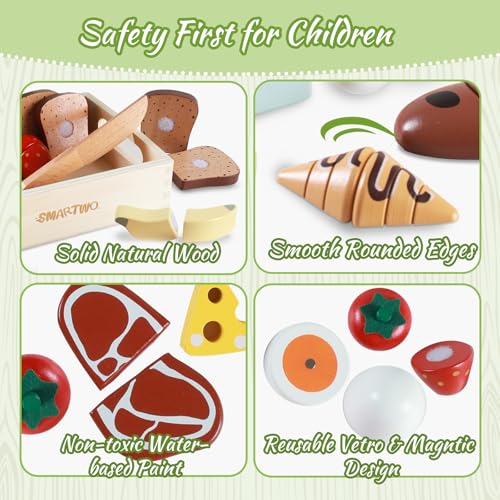 Smartwo Wooden Play Food Sets for Kids Kitchen Breakfast Food Toys for Toddlers 3 Year Old Pretend Food Play Cutting Bakery Accessories Montessori Educational Toys Gift for Boys Girls - Image 5