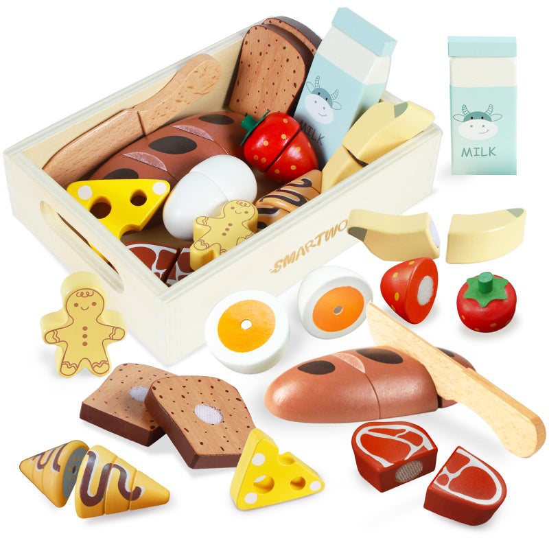 Smartwo Wooden Play Food Sets for Kids Kitchen Breakfast Food Toys for Toddlers 3 Year Old Pretend Food Play Cutting Bakery Accessories Montessori Educational Toys Gift for Boys Girls - Image 3